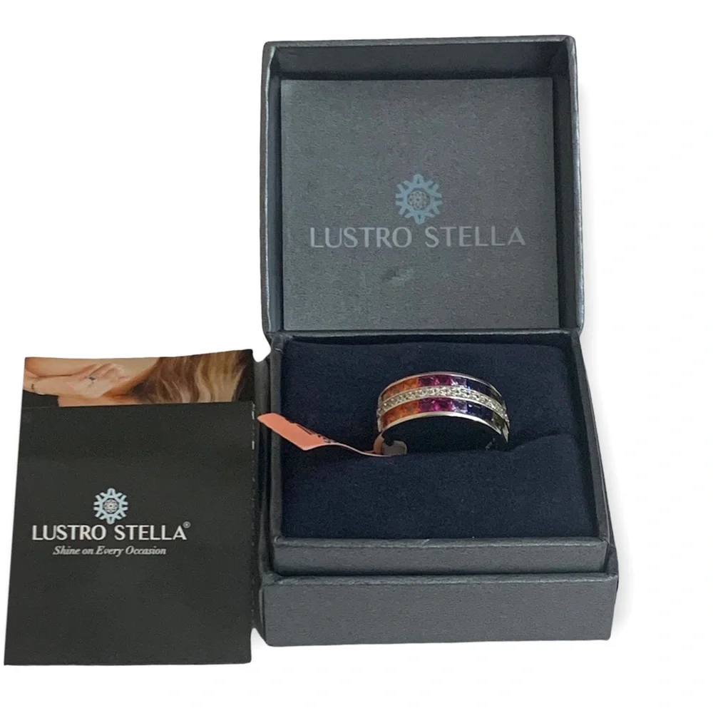 Lustro Stella 925 Sterling Silver Rainbow CZ Band Ring | Multi-Color Gemstone - Picture 3 of 7